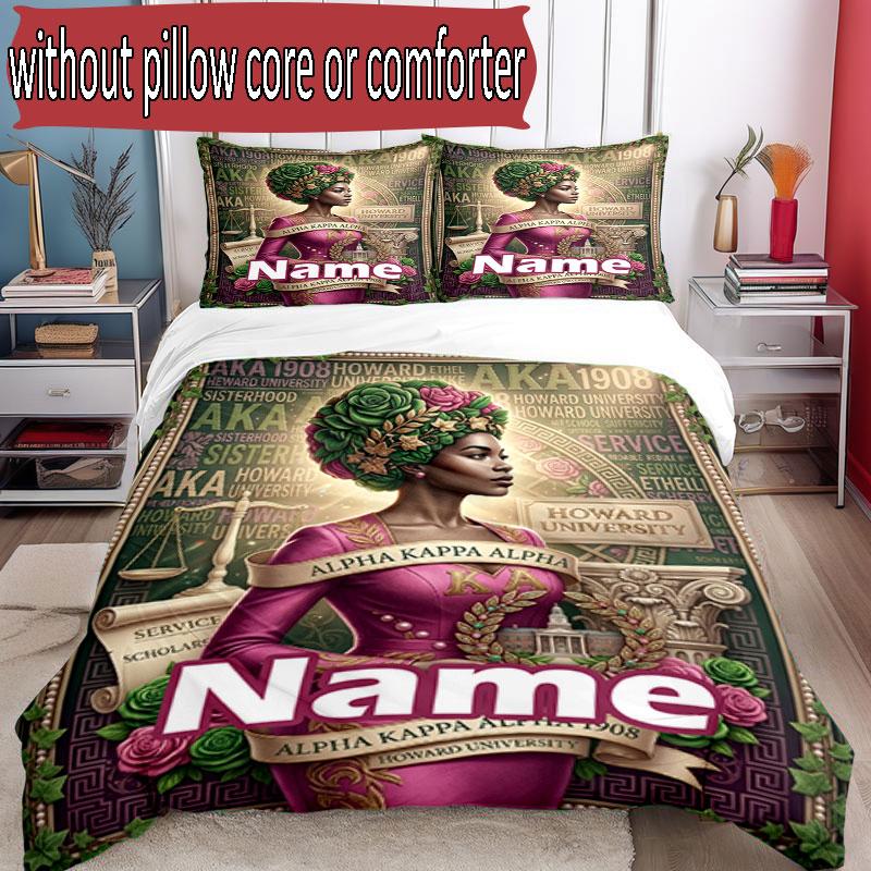 3pcs Duvet Cover Set (1*Duvet Cover + 2*Pillowcase, Without Core), Custom Name Alpha Kappa Alpha Pattern Bedding Set, Home Bedroom Decor Gift