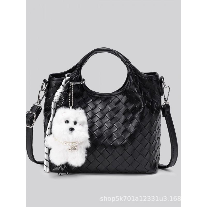 Woven Bucket Bag Women Fashion Crossbody Shoulder With Plush Dog Charm Handbag Commute