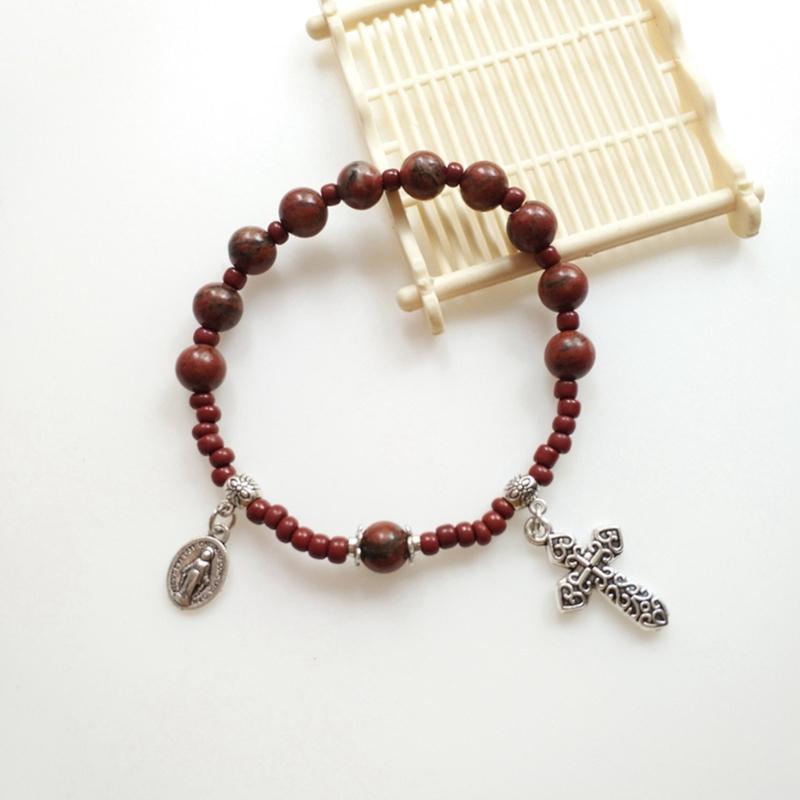 Glass Bead Baptism Religious Gift Catholic for Cross Finger Chain Mini Rosary Sesame Red for Cross Rosary Bracelet for W