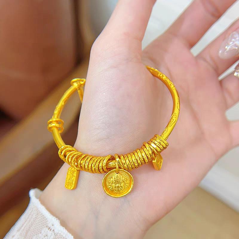 Yellow God of Wealth Bracelet: Women's Chinese Style with Chasing Engraving for Peace and Happiness