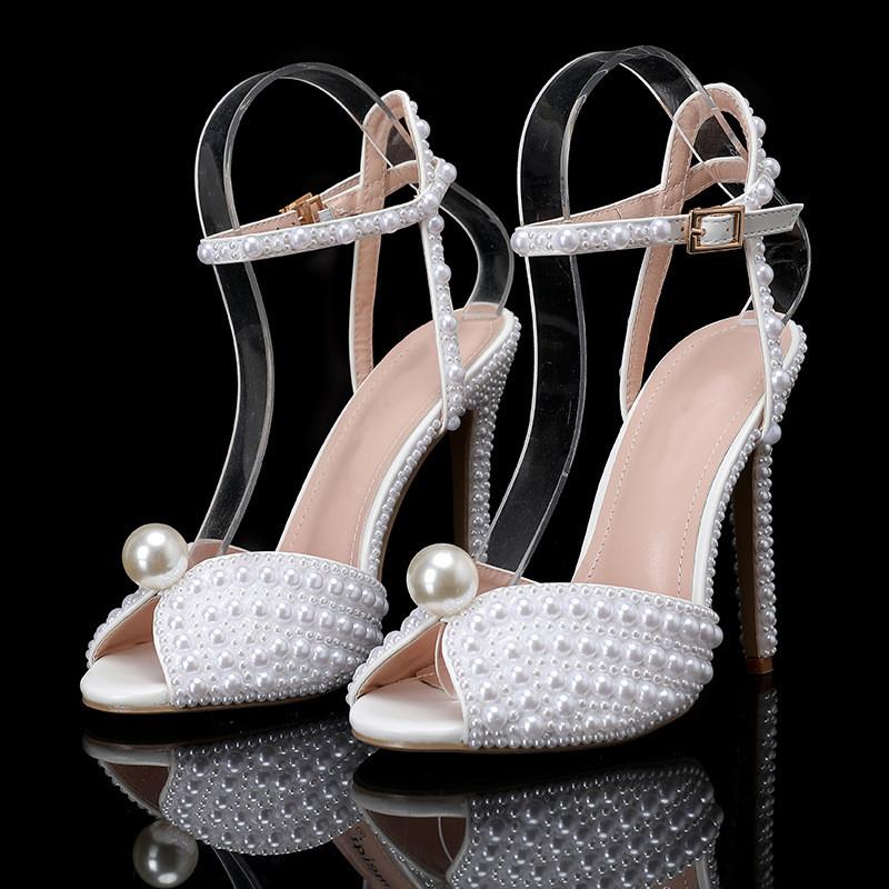 Luxury Handmade Pearl Peep Toe Women Sandals Summer Wedding Princess Thin High heels Elegant Party Prom Bridal Shoes