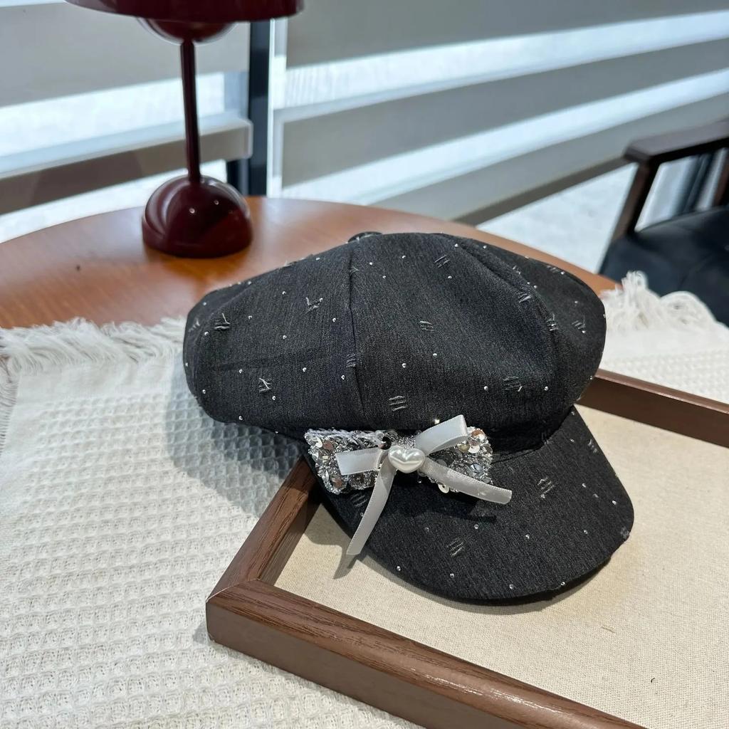 Luxurious Rhinestone Embellished Heavy Duty Butterfly Knot Octagonal Hat Women's Spring Summer Unique Vintage Denim Beret Cap
