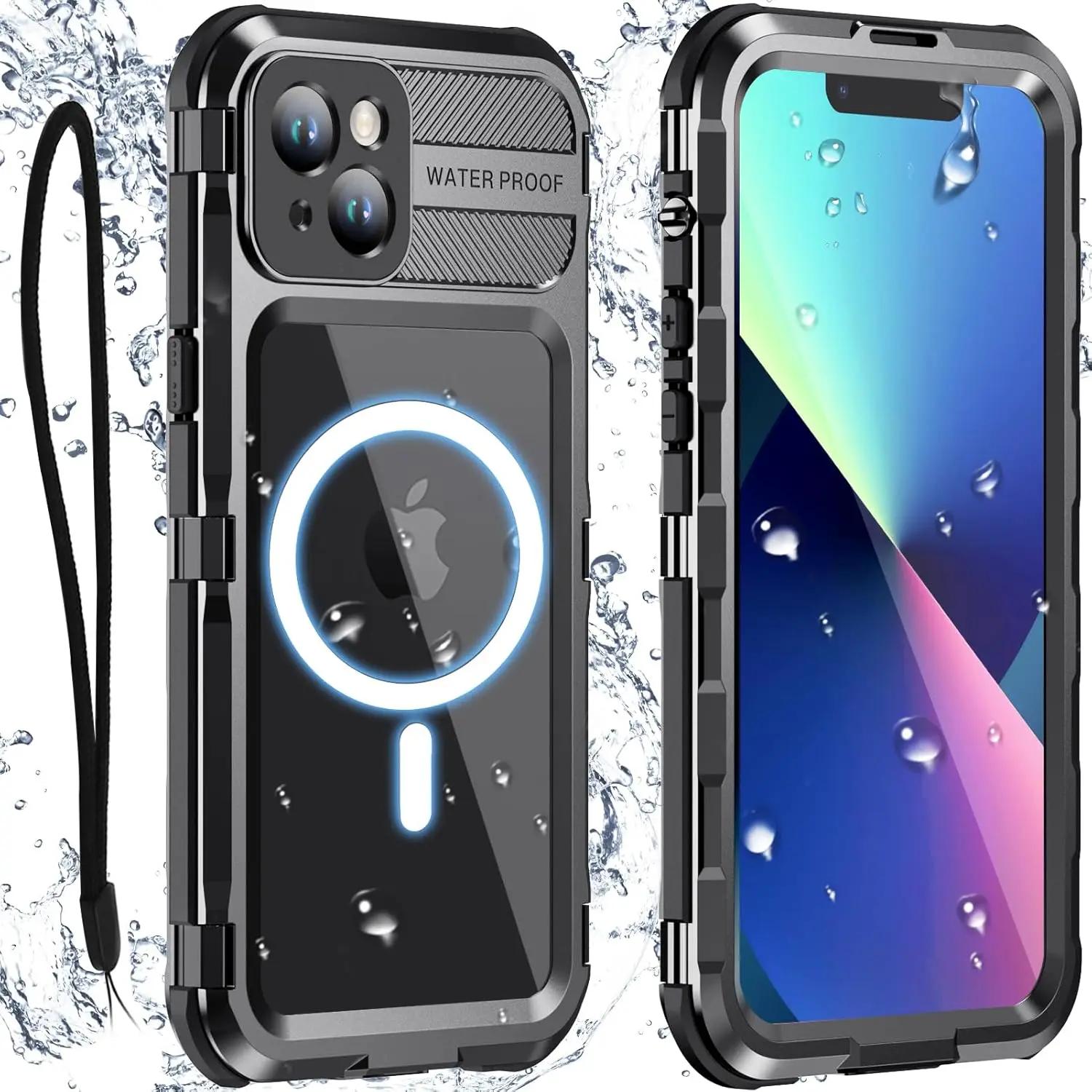

For iPhone 16 15 Plus 14 Pro Max IP68 Waterproof Phone Case Metal Shockproof Magnetic Cover Screen Protector Heavy Duty Shell For iPhone 16 Pro Max&Aluminum&Case & Strap чорний
