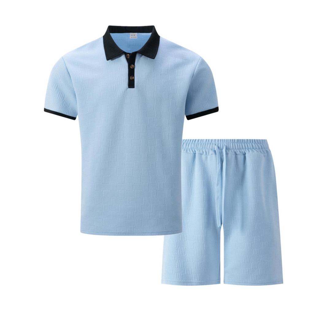European Men's Spring Jacquard Polo & Shorts Set - Color Block Short Sleeve