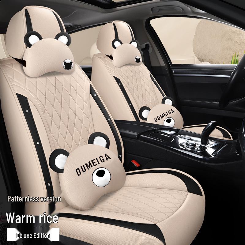 Star Chi Elantra Linen Cartoon Bear Car Seat Cushion - Four Seasons Suitable