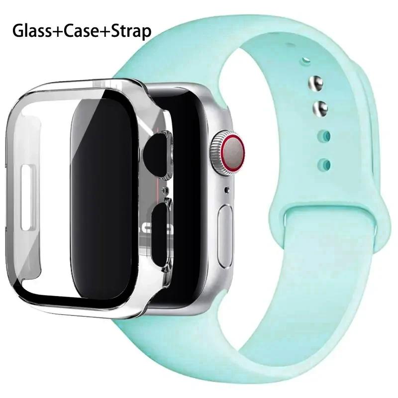 Glass+Case+Strap For Apple Watch band 46mm 45mm 44mm 41mm 40 38mm Silicone watchband bracelet iWatch series 10 9 8 7 6 5 4 3 SE