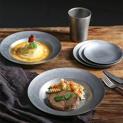 Severský Vintage Nerezové Ocelové Talíře na Steak Večeři Svačinu Ovoce Dezert Zeleninu Mělký Talíř Příbory BBQ Piknikový Nádobí