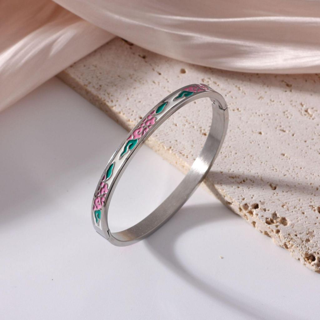 18K Electroplated Women's Retro Enamel Drip Oil Titanium Steel Bracelet, 6mm
