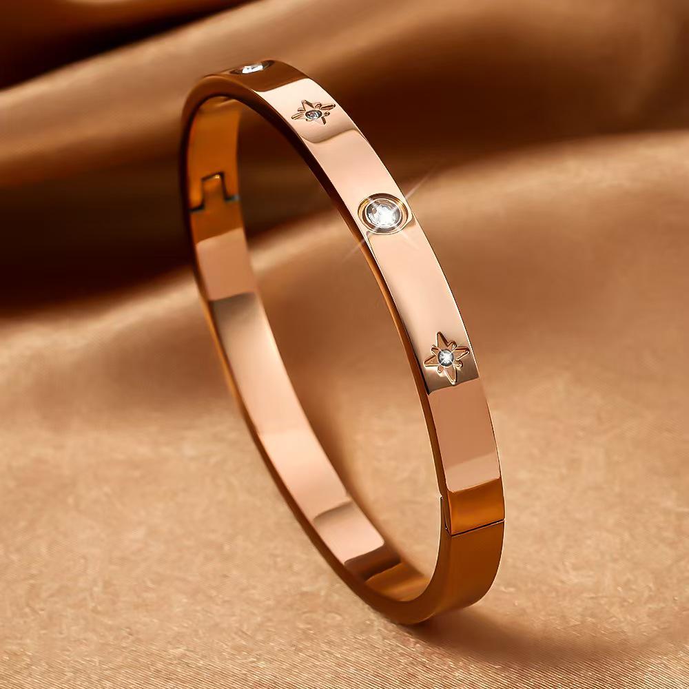 Luxurious Rose Gold Titanium Steel Bracelet with Starry Diamond Inlays & Colorfast Mother of Pearl for Women