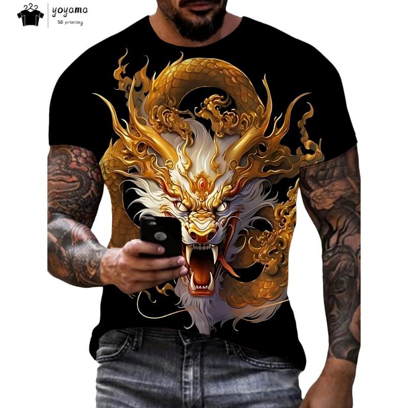 Herren T-Shirts Drachenmuster Kurzarm Tee Mode Straße Rundhals Oberteil Trend Tier 3D-Druck Locker Vielseitig Herrenbekleidung