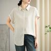 Summer Cotton and  Linen  Striped Casual Loose Short-sleeved Shirt Top Women
