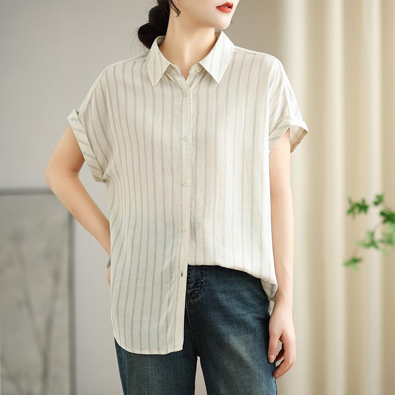 Summer Cotton and  Linen  Striped Casual Loose Short-sleeved Shirt Top Women