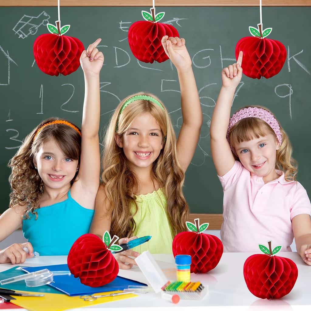 6 Pack 4.3 x 5.7 Inch Apple Honeycomb Decorations, Stand or Hang Tissue Paper Centerpieces, 3D Red Fruit Ornaments for Back to School, Teacher