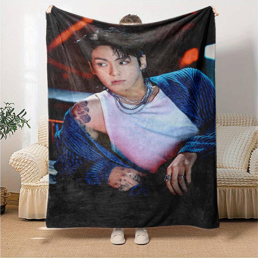 1Pc Bts Jung Kook Print Blanket Soft Comfortable Polyester Blanket All Season Use Bedroom Office Outdoor Ideal Christmas Gift Choice Print Home Blanke