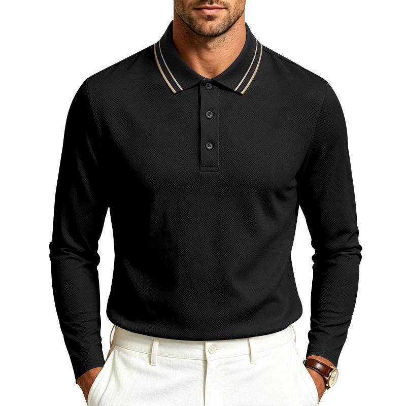 Autumn Mens Solid Long Sleeve Polo Shirt Contrast Striped Lapel Collar Button Placket Breathable Golf Casual Wear Tees