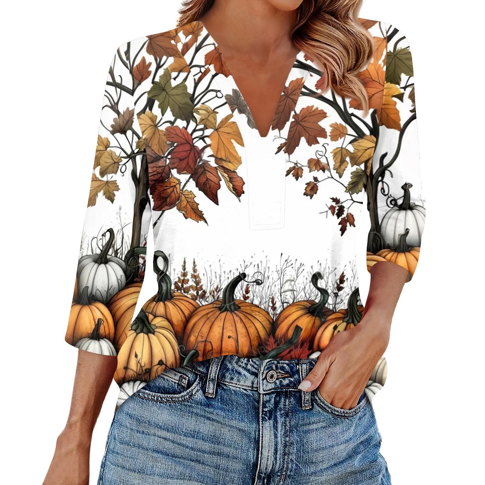 

Женская модная повседневная рубашка с лацканами и рукавами 3/4 с принтом на Хэллоуин, женские топы с V-образным вырезом XL белый