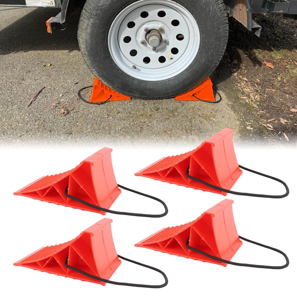 4 Stück Schwerlast Unterlegkeile mit Seil Anti-Rutsch Hohe Stabilität Hartplastik Reifenkeil Block Stopper für Wohnmobil