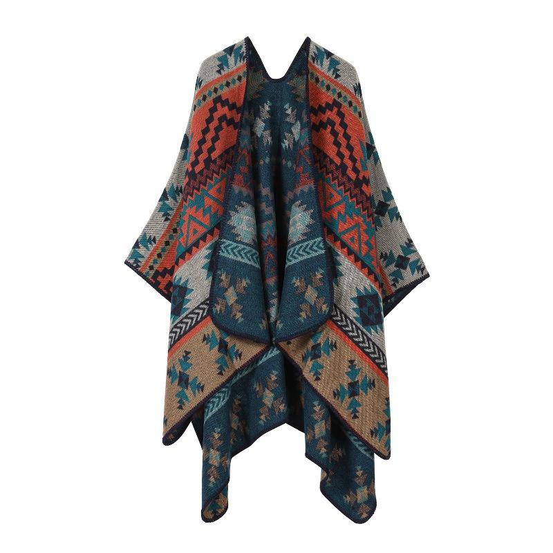 Western Ethnic Geometric Print Open Front Poncho Cape Blanket Wrap Warm Knit Shawl