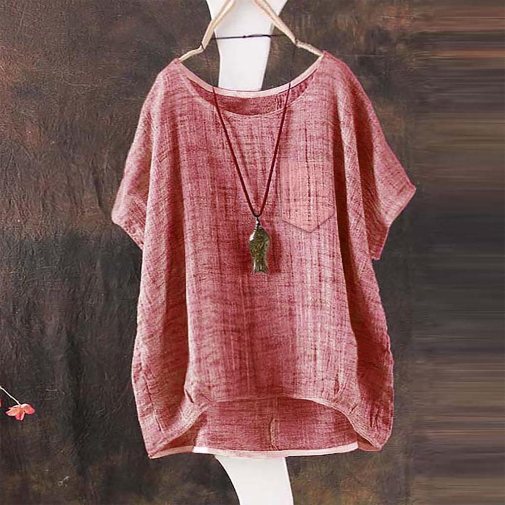 Women's Fashion Loose Round Neck Pocket Button Cotton Linen T-Shirt Casual Tops