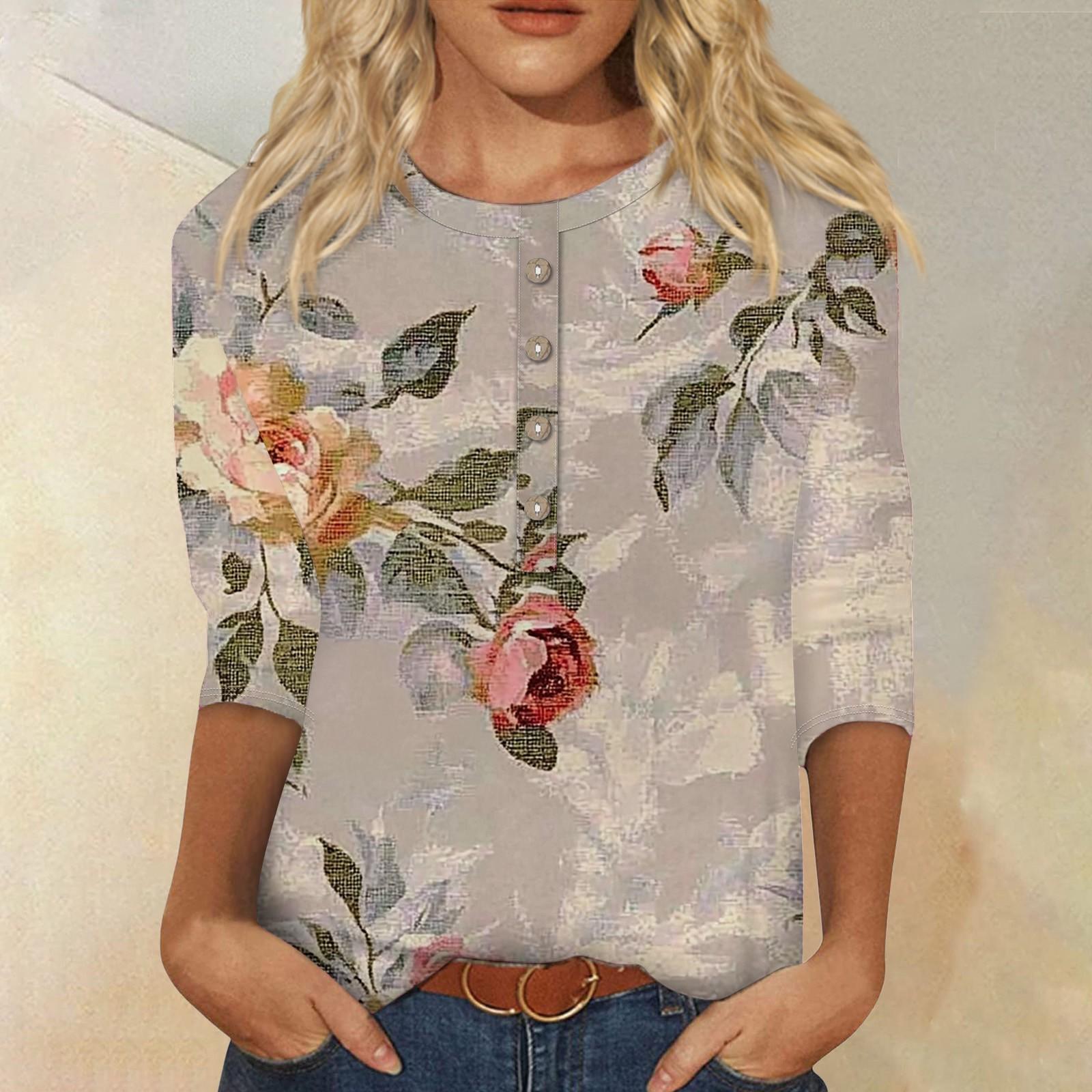 

Женская мода повседневная 3/4 рукава цветочный принт пуловер круглый вырез топ повседневная одежда L светло-серый