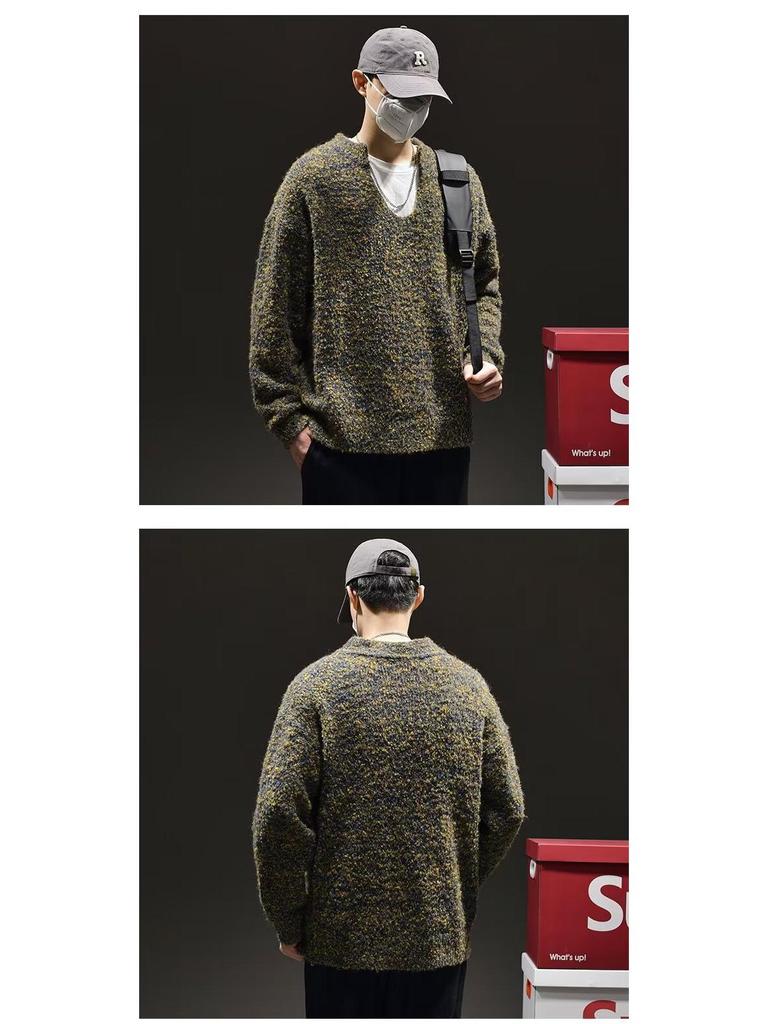 Retro Moss Green V-neck Loose Sweater for Men - Korean Style