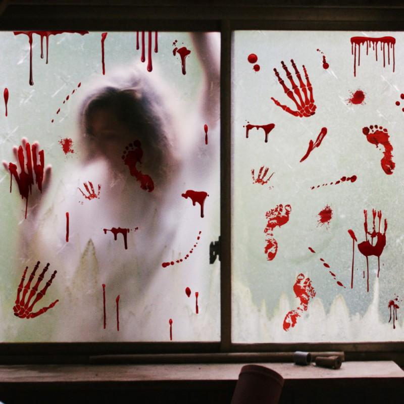 Halloween Window Clings Bloody Handprint Footprint 3D Butterfly Black Bat Wall Decal Scary Halloween Decoration for Home Decor