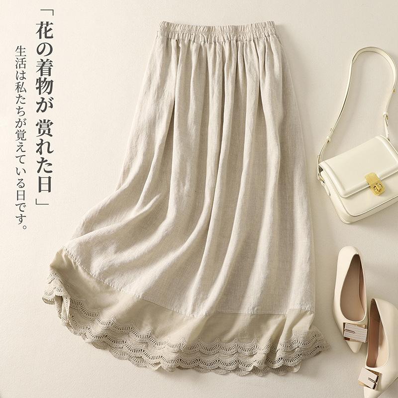 Real shot summer new literary loose splicing lace elastic waist skirt women's medium length