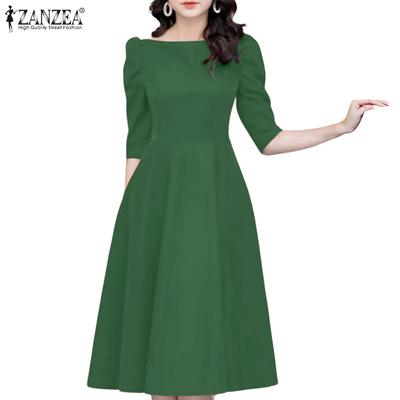 Robe d'été pour femme à col rond, manches mi-longues, coupe A décontractée