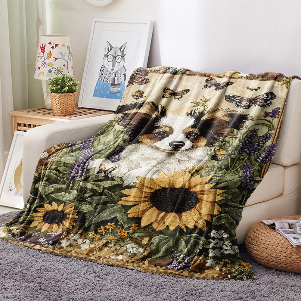 1 Stück Hunde- und Sonnenblumen-Print Flanelldecke, Hohe Qualität, Bequem für alle Jahreszeiten, Heimdekoration, Wärme und Komfort, Perfekt für Weihnachtsgeschenke