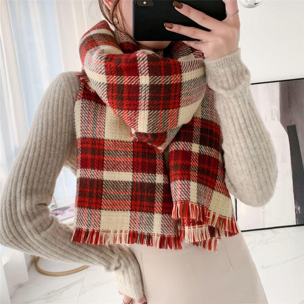 Winter Double-Sided Houndstooth Ins Style Plaid Wrap Neckerchief Christmas Muffler Women Scarf