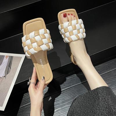 2024 Neue Sommer Damen Hausschuhe Mode Gewebte Schachbrett Sandalen Offene Zehen Damen Sandalen Eckige Zehen Flache Freizeit Schuhe Hausschuhe