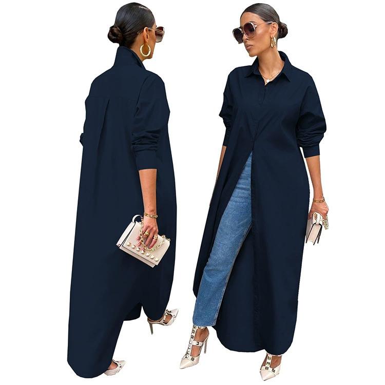 

Women s Long Dress Stand Collar Long Sleeve Maxi Dress Casual Single-breasted Solid Color Irregular Swing Dress 2XL