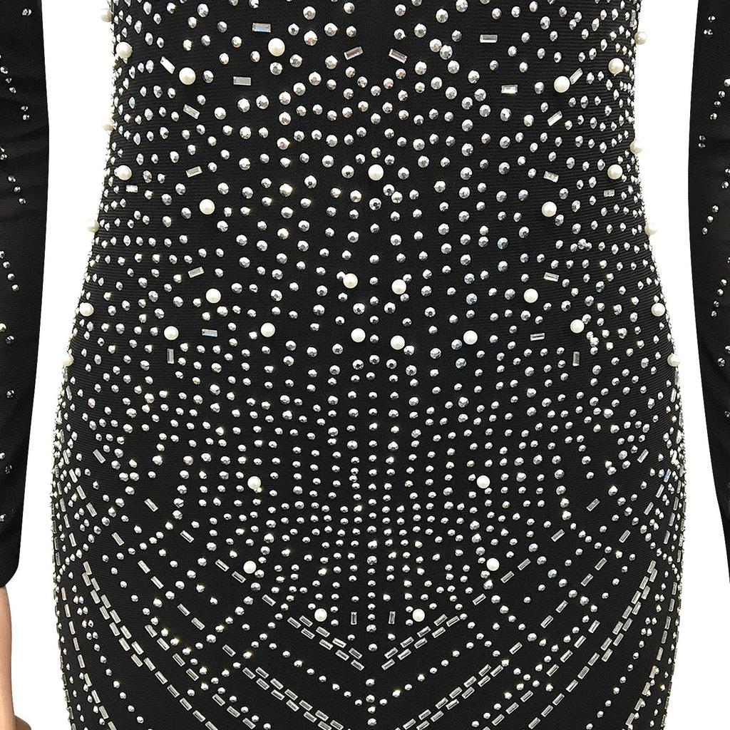 European Sexy Rhinestone See-through Mesh Deep V Party Dress for Women