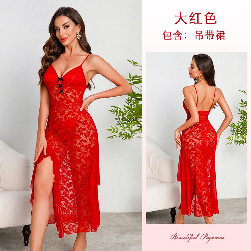 Pure Desire Wind Perspective Lace Suspender Skirt Backless High Split Harpoon Tail Slim Fit Sexy Home Nightdress 889