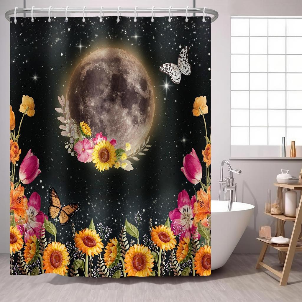 Moon Shower Curtain Floral Butterfly Flower Mysterious Fabric Shower Curtains Black Starry Night Plant Gothic Botanical Shower