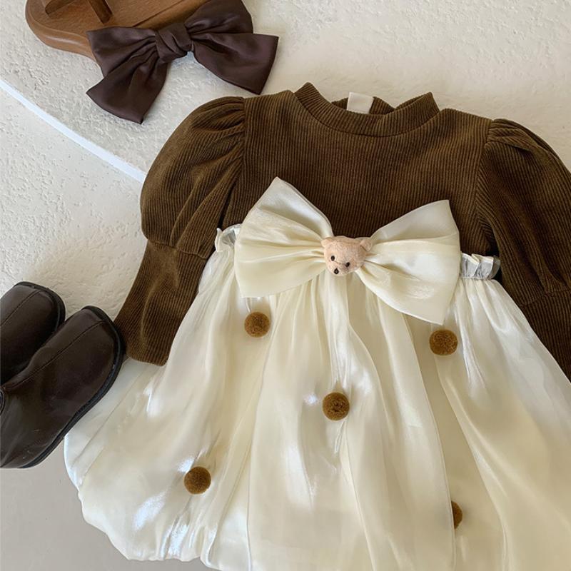 Girls Bow Dress Autumn Winter Children Fake 2 Piece Long Sleeve Velvet Thicken Baby Kids Knit Tulle Dresses for 2 To 8 Years Old
