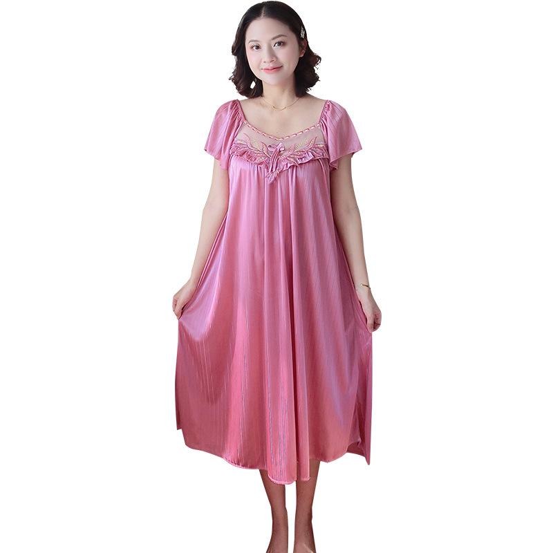 Plus Size Floral Lace Ice Silk Nightgown with Short Sleeves