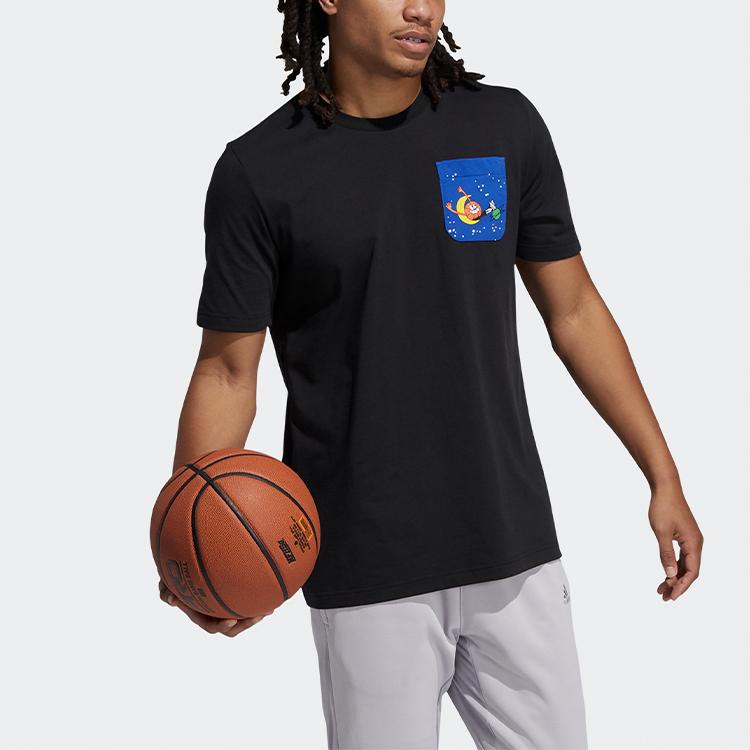 Adidas Lil Stripe Pocket Cartoon Print Basketball Round Neck Short Sleeve T-Shirt Men Tops Black GQ8377