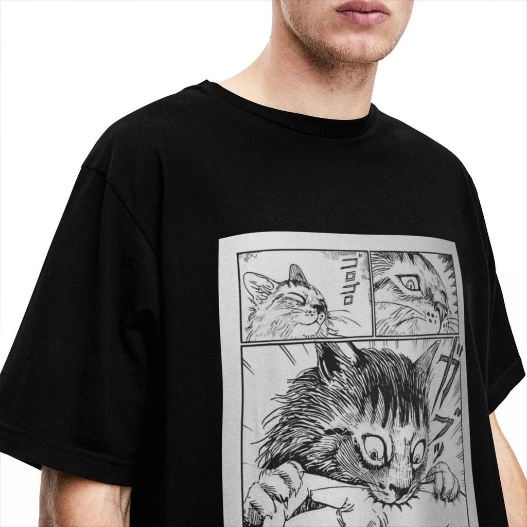 Gato Junji Ito Comic T-Shirt Male Japanese Anime Funny Pure Cotton T Shirts Summer O-Neck Fashion Tees Loose Plus Size Tops