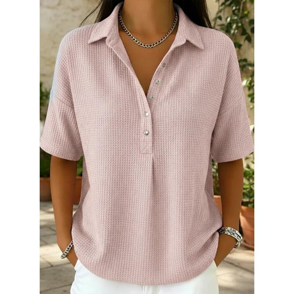 Women's Polo Neck Short Sleeve Waffle Knit Henley Shirt Casual Loose Button Down Blouse