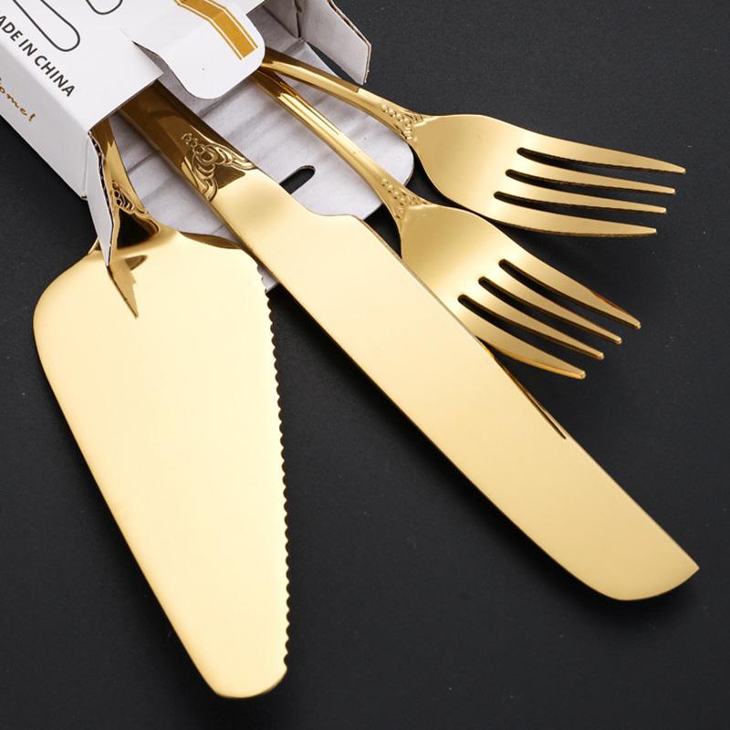 Stainless Steel Cake Cutting Set, Elegant Gold Cake Cutter and Cake Server with Small Forks, Use for Home, Anniversary, Birthday, Wedding, Party
