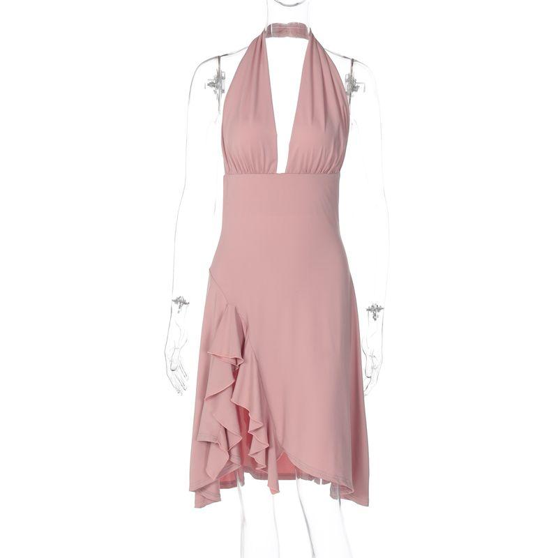 

Shemoda Fashion Wind Sexy Deep V Neck Backless Halter Dress Female High Waist Slim Fit Ruffled Split Skirt Pink L