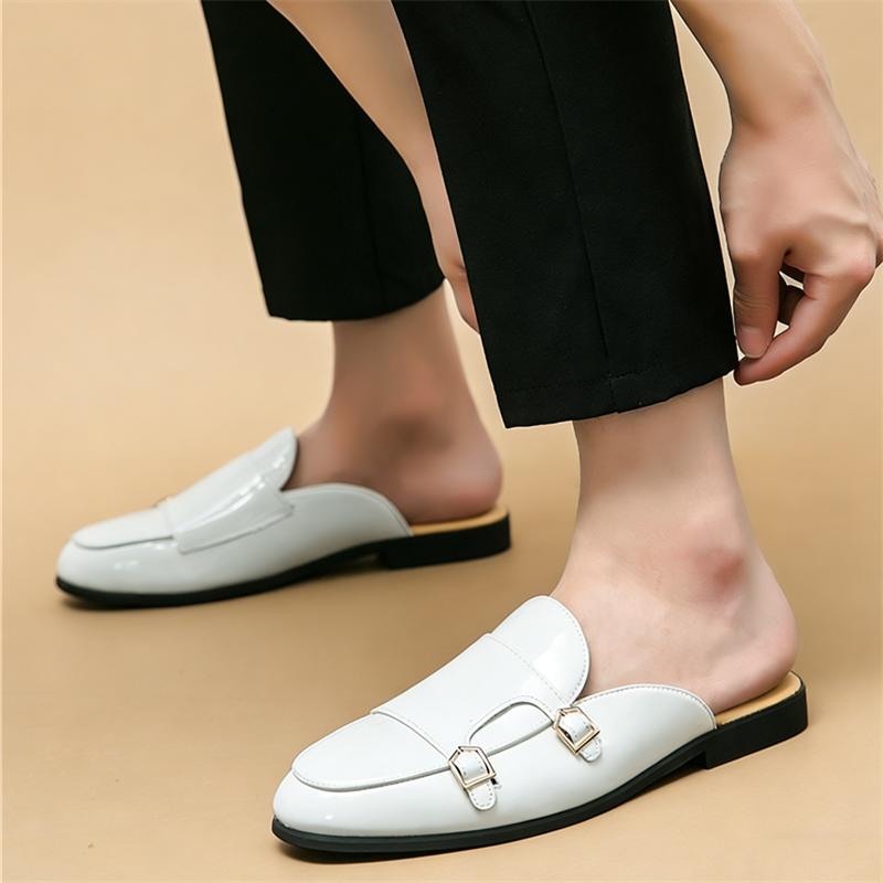 Fashion New Men's White Monk Strap Half Slippers Shoes Male Designer Casual Patent Leather Mules Moccasins Breathable Loafers