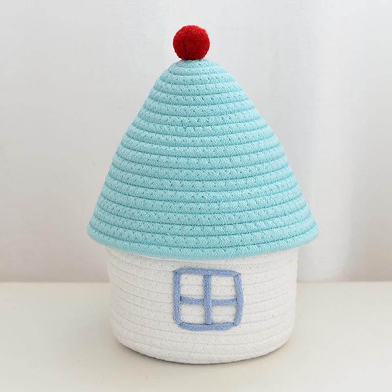 House Shape Cotton Rope Woven Storage Basket with Lid Large Capacity  Cute Bedroom Storage Basket Dustproof Cosmetics Storage