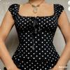 2026 Spring New Women's Top: Polka Dot Square Neck Bow Slim Fit Short Sleeve T-Shirt for Women