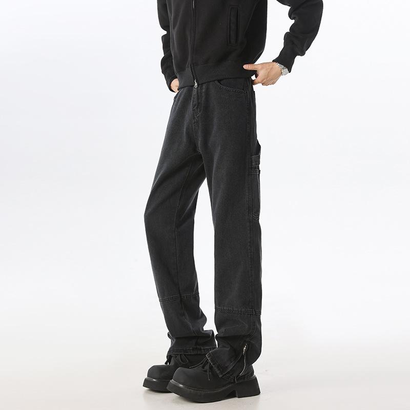 American Street Trousers Zipper High Street Jeans Men's Work Clothes Loose Straight Flared Trousers