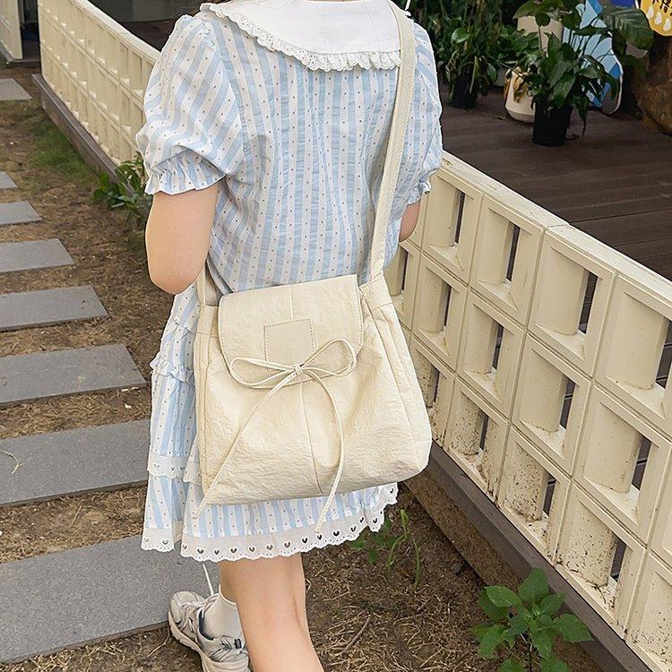 Japanese Solid Color Bow Women Nyl Shoulder Bags Simple Lightweight Ladies Crossbody Bag Large Capacity College Handbag Tote