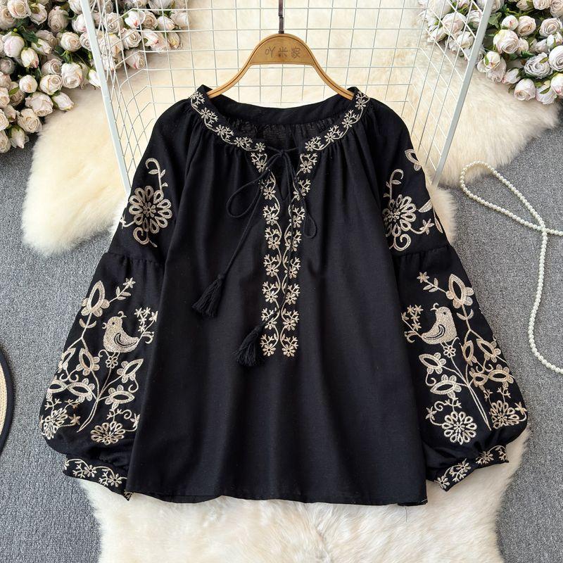 

Spring and Autumn Retro Ethnic Style Temperament Long Sleeve round Neck Pullover Embroidery Loose Shirt Female Fashionable Blouse Tops Black One size