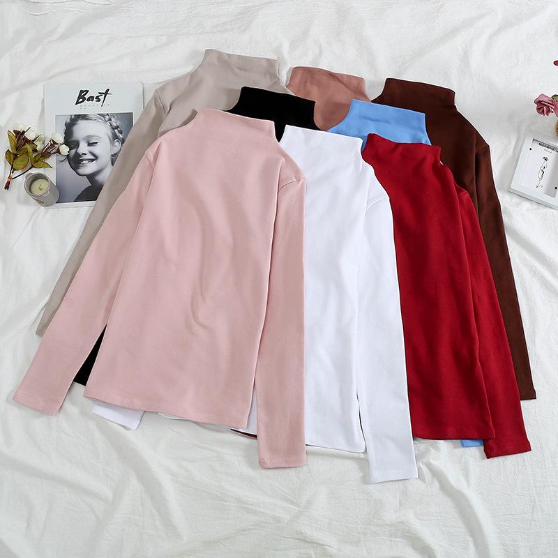 2024 Women's Korean Style Solid Color Plus Velvet Long Sleeve T-Shirt, Autumn/Winter