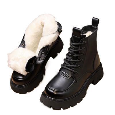 Fashion Winter Women Shoes Round Toe Chunky Heel Boots Genuine Leather Shoes for Women Warm Wool Snow Boots Zipper Platform Shoes Women